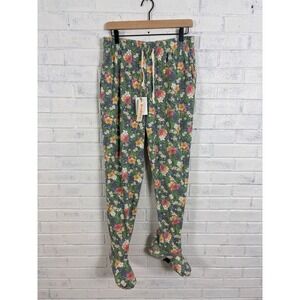 Feejays Footie Sweatpants Womens M Green Tropical Floral Pajama Pockets